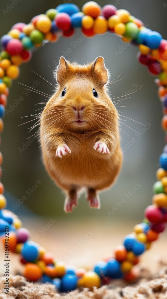 Fototapeta premium A playful guinea pig jumping through a colorful hoop, showcasing agility and fun.