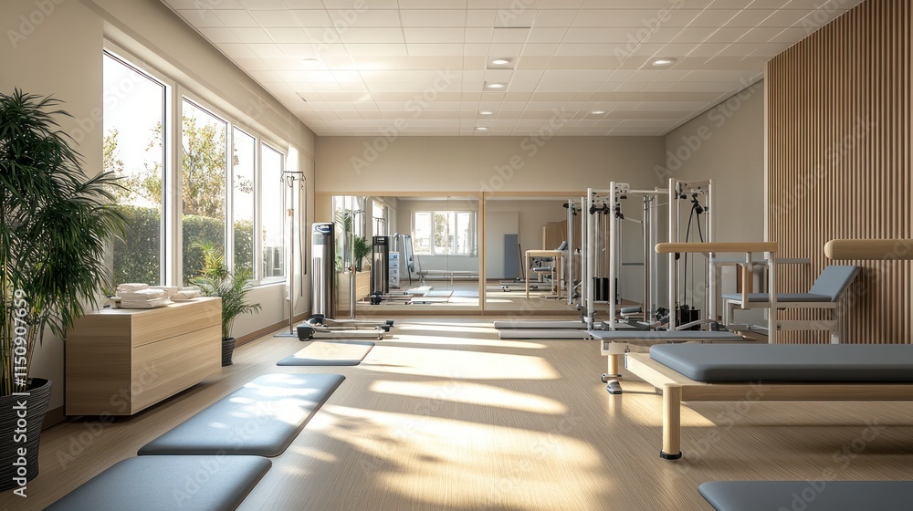 Fototapeta premium Bright, modern physiotherapy gym with equipment.