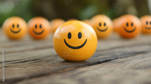 Cheerful Yellow Smiley Face Balls on Wooden Table Surrounded by Blurred Background in Natural Setting for Positive Vibe and Joyful Mood photo