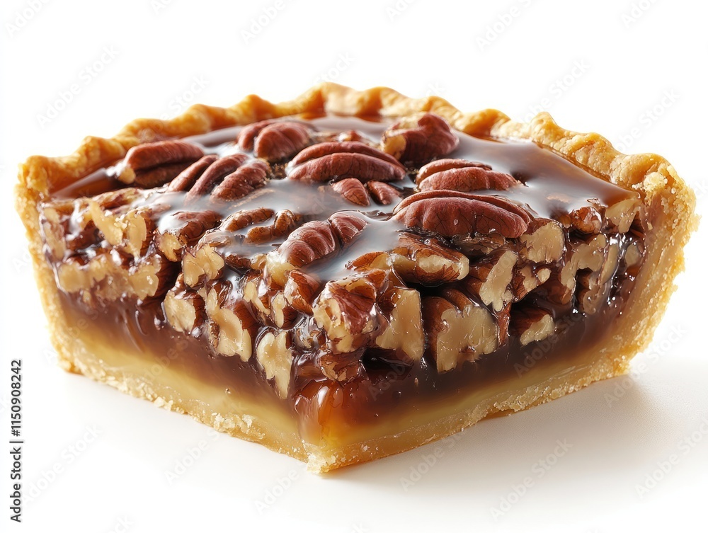 A slice of pecan pie showcasing a rich filling and crunchy nuts in a flaky crust. A slice of pecan pie showcasing a rich filling and crunchy nuts in a flaky crust.