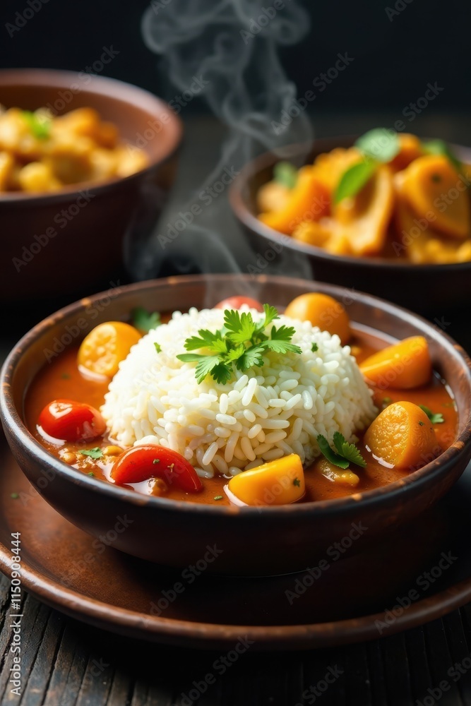 Steaming rice nestled amongst colorful vegetable and meat curries , overhead, texture, delicious Steaming rice nestled amongst colorful vegetable and meat curries , overhead, texture, delicious