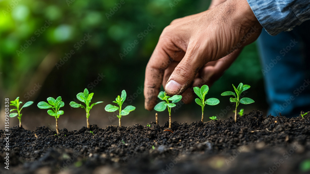 Close-Up of a Hand Nurturing Growing Plants in Rich Soil Under Natural Sunlight with Soft Focus Background in a Garden Environment Close-Up of a Hand Nurturing Growing Plants in Rich Soil Under Natural Sunlight with Soft Focus Background in a Garden Environment