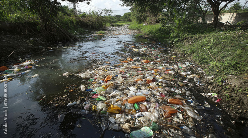 River Pollution with Plastic Waste and Debris Under Clear Blue Sky photo