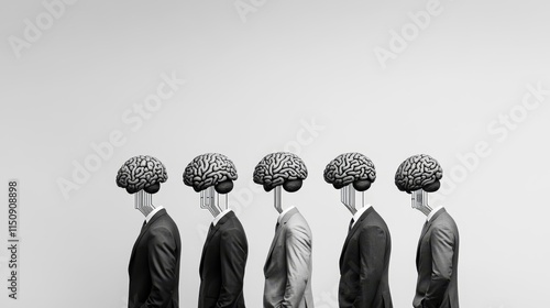 Abstract Representation of Human Evolution with Business Figures Having Robotic Elements and Brain Designs Signifying the Fusion of Technology and Humanity in Modern Society