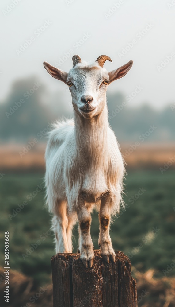 A goat stands on a wooden stump, gazing calmly in a serene, misty landscape. A goat stands on a wooden stump, gazing calmly in a serene, misty landscape.