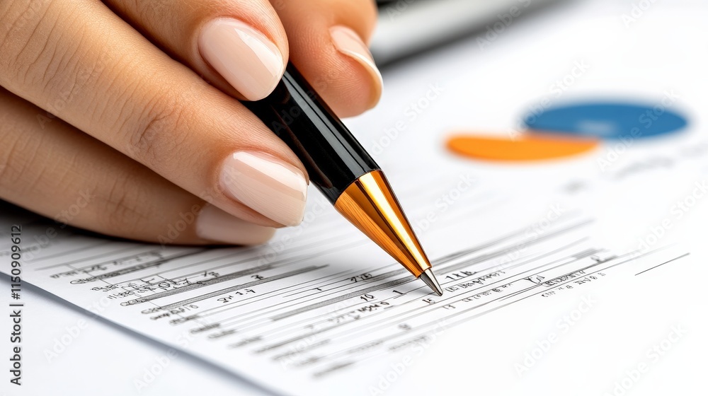 Analyzing Financial Data: A close-up shot of a female hand meticulously filling out a form, a pen poised over a document with a pie chart in the background. This image evokes a sense of focus. Analyzing Financial Data: A close-up shot of a female hand meticulously filling out a form, a pen poised over a document with a pie chart in the background. This image evokes a sense of focus.