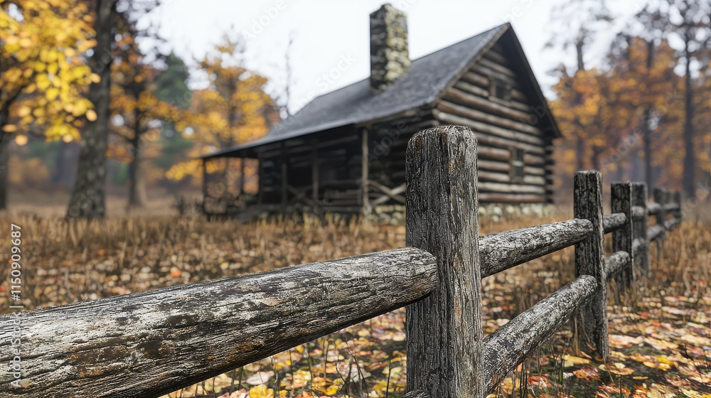 Rustic Log Cabin Surrounded by Fall Foliage in Serene Wooded Landscape Rustic Log Cabin Surrounded by Fall Foliage in Serene Wooded Landscape