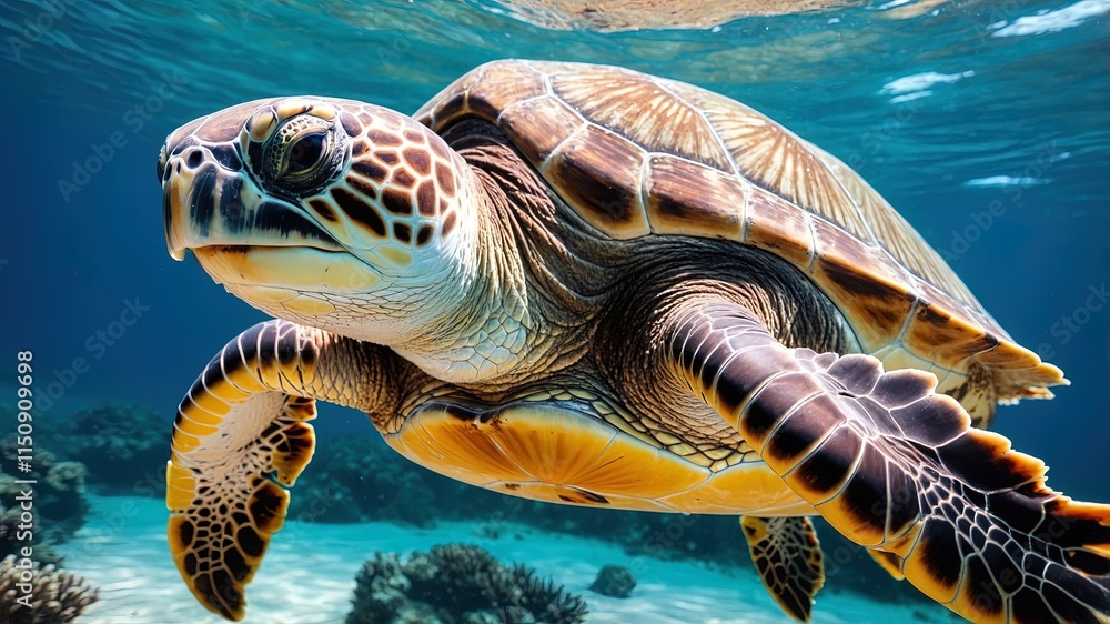 Fototapeta premium Portrait of a happy sea turtle swimming underwater. Generative AI