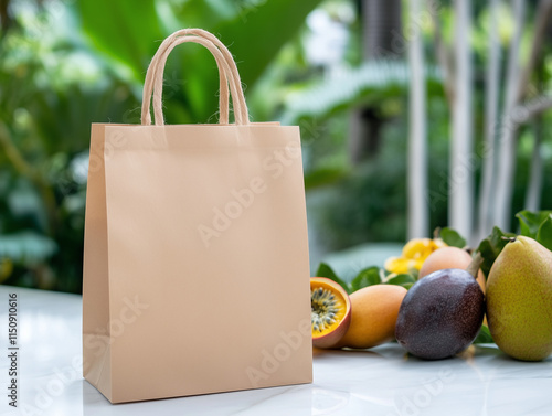 Beige paper bags displayed on a wooden table with tropical fruits like papayas, mangoes, and passion fruits in a lush, green environment. Ideal for eco-friendly or tropical-themed packaging visuals. photo