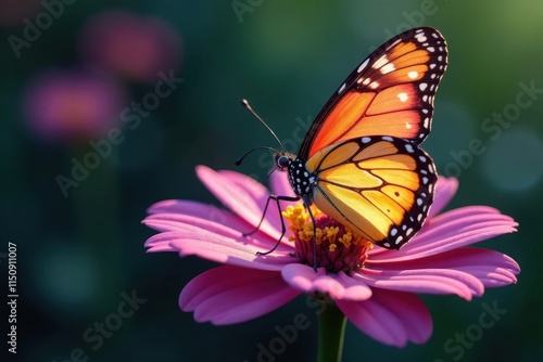 Iridescent butterfly on a colorful flower, with delicate wings, delicate petals, beautiful insect, iridescent wings