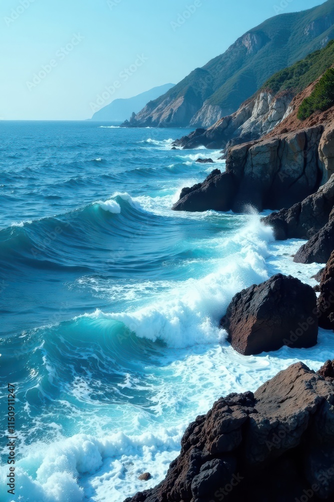 Ocean waves gently lapping at a rocky coastline against blue striped background, nature, sea, blue Ocean waves gently lapping at a rocky coastline against blue striped background, nature, sea, blue