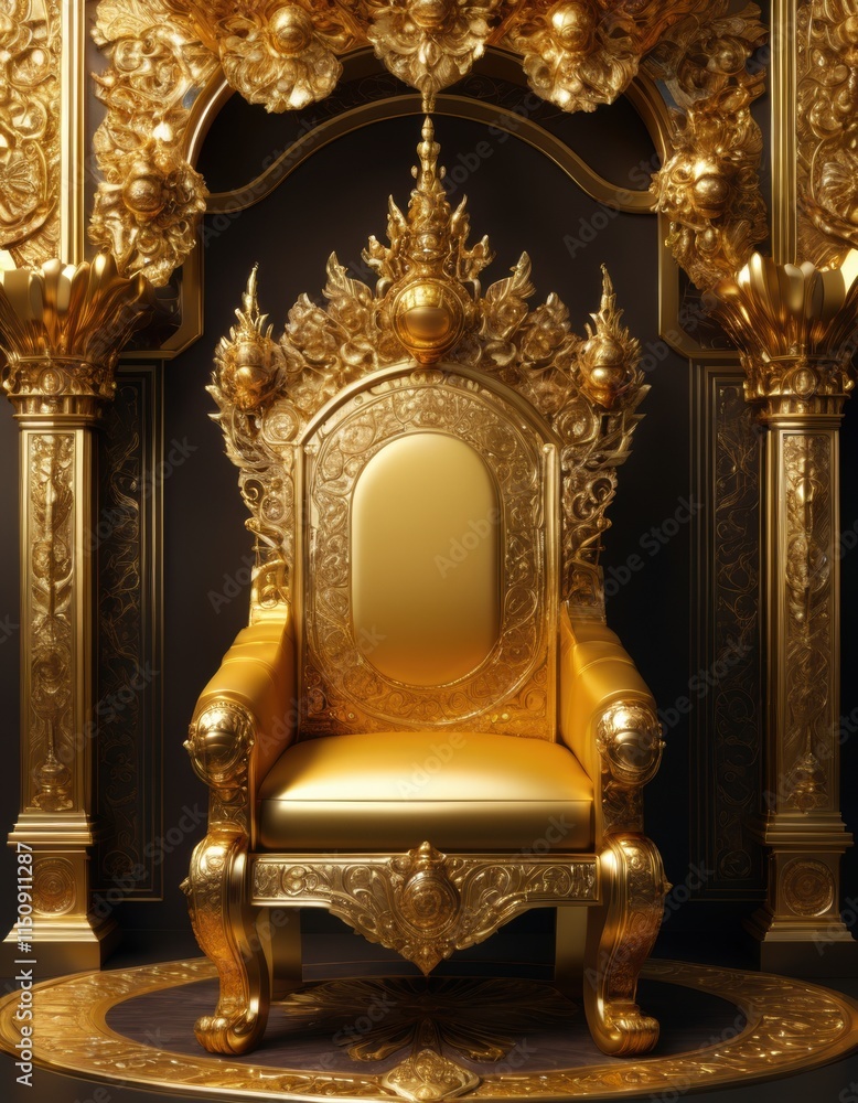 A regal golden throne with intricate carvings and a jewel-encrusted back, standing majestically in a grand chamber. A regal golden throne with intricate carvings and a jewel-encrusted back, standing majestically in a grand chamber.