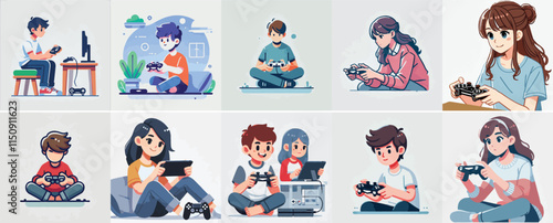 Vector set of a teenager playing a game with a simple flat design style