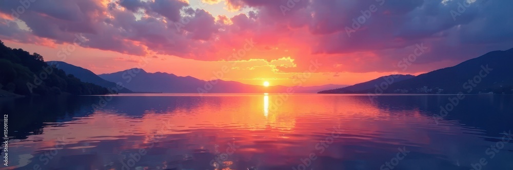 Fototapeta premium Background with shades of sunset spectrum across a serene lake at dusk, natural light, background, atmosphere