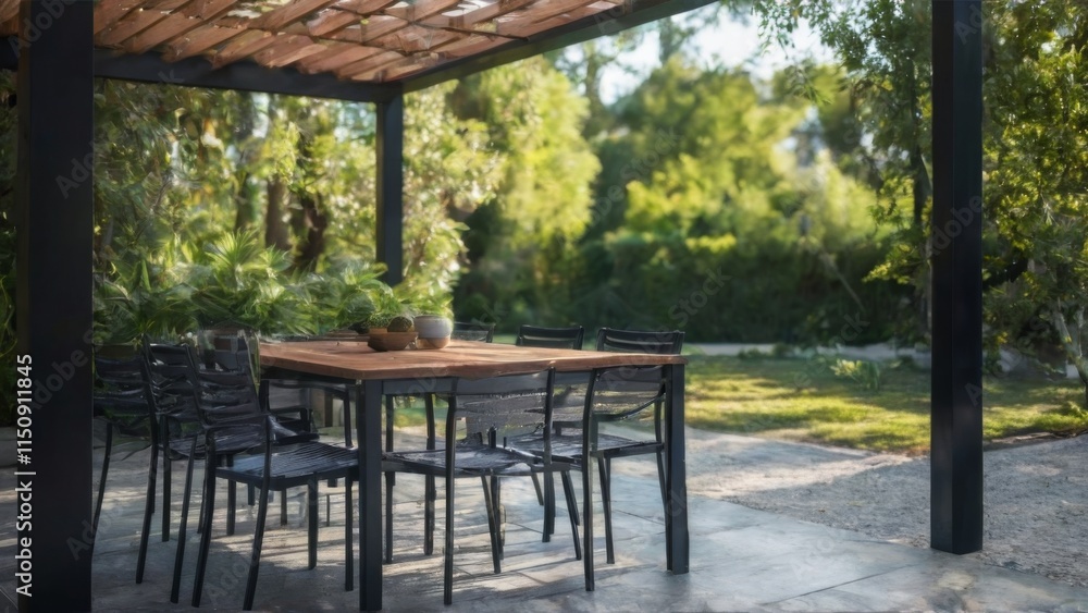 Serene Outdoor Dining Setting with Wooden Table, Black Chairs, Potted Plant, Metal Chairs, Modern Design, and Sunlit Patio. Serene Outdoor Dining Setting with Wooden Table, Black Chairs, Potted Plant, Metal Chairs, Modern Design, and Sunlit Patio.
