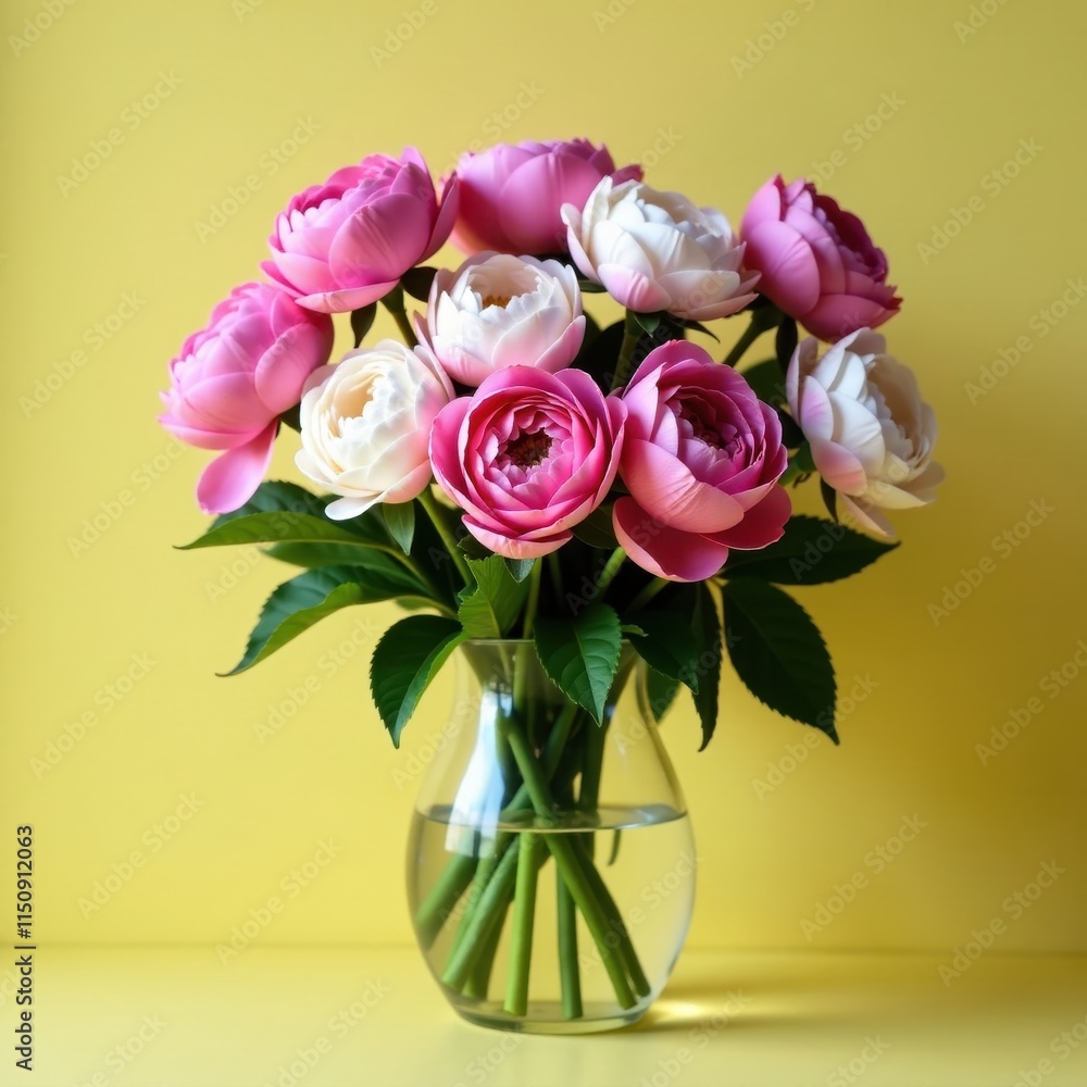 Fototapeta premium Pink peonies and roses in a vase, isolated background, peonies, cut flowers, roses