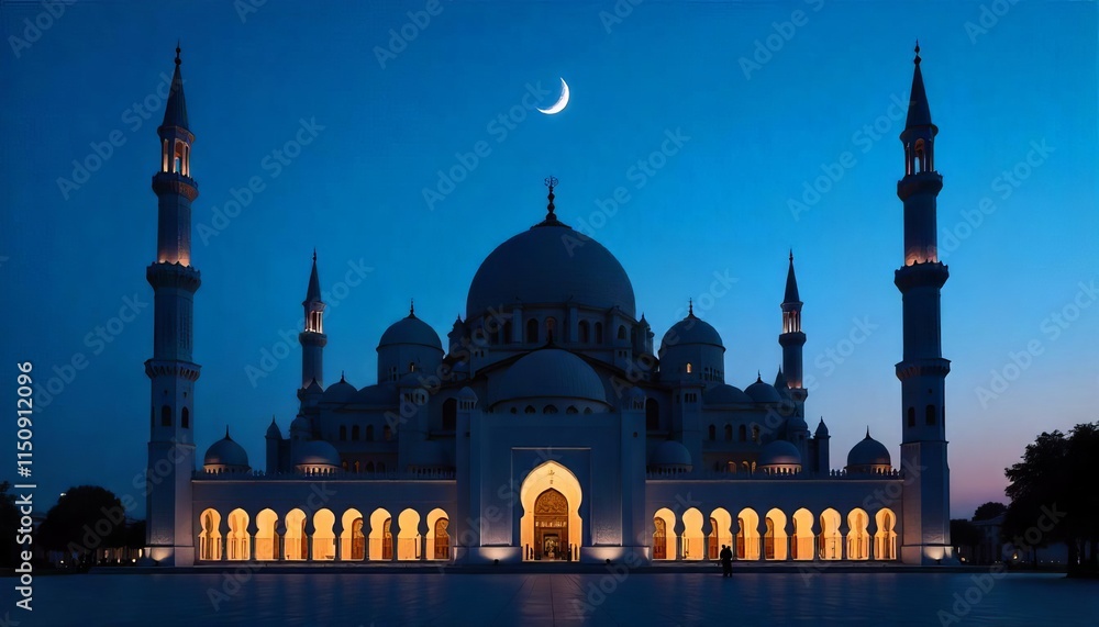 custom made wallpaper toronto digitalMajestic silhouette of a large mosque with a prominent dome and minarets set against a twilight sky crescent moon glowing perfect for a panoramic Islamic wallpaper