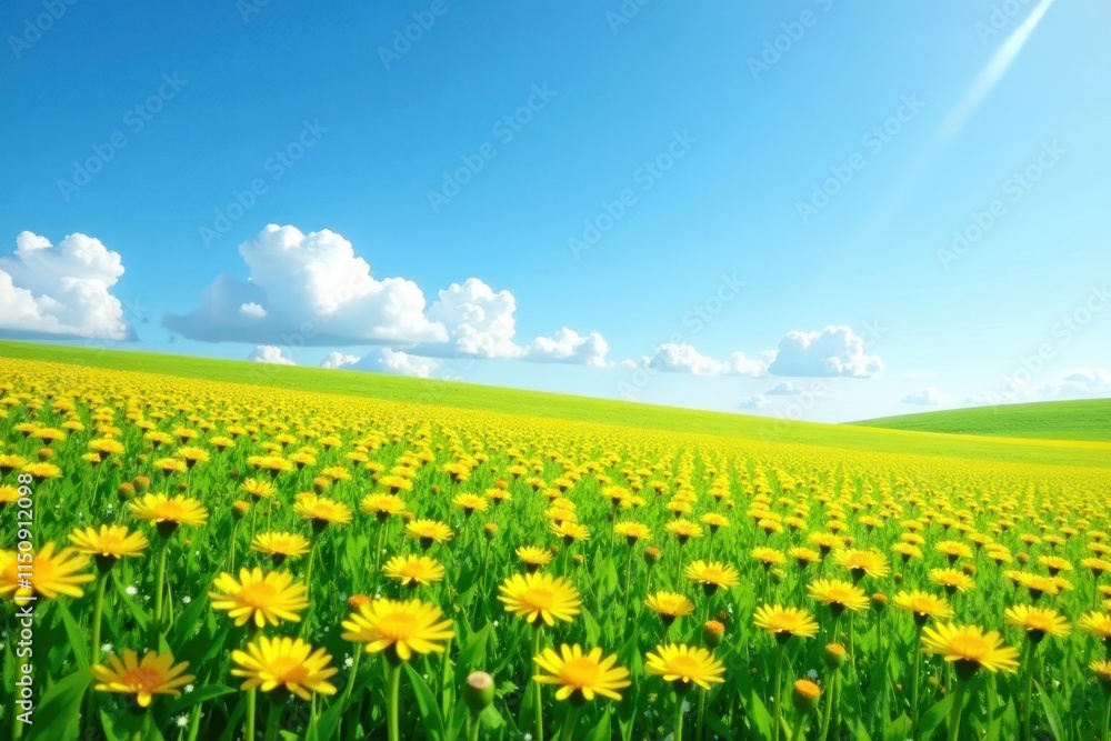 Fototapeta premium A sea of bright yellow dandelions covers the lush green grass under a brilliant blue sky with a few wispy clouds, flowers, dandelions, wildflowers