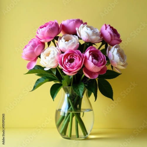 Pink peonies and roses in a vase, isolated background, peonies, cut flowers, roses