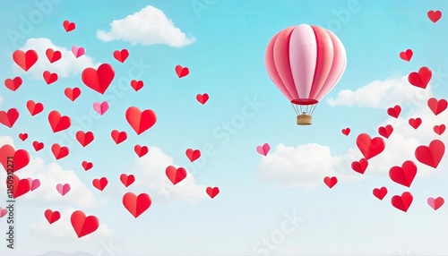 Valentine's Day concept postern with paper hearts scattered across a light blue sky fluffy white clouds drifting by and a colorful hot air balloon floating gently Include a space for text