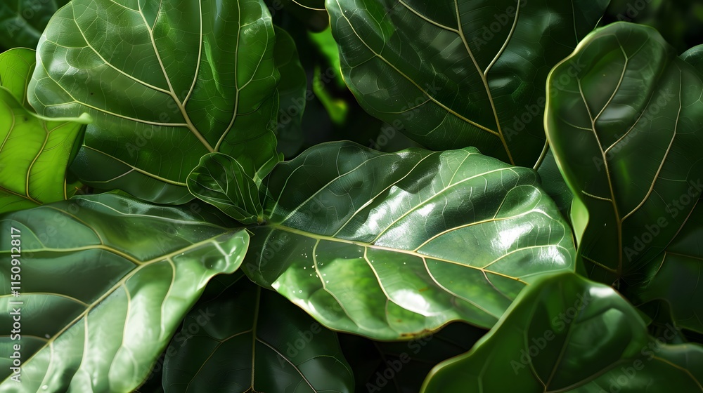 Fototapeta premium Detailed close-up of large green fiddle leaf fig tree leaves under bright sunlight outdoors.