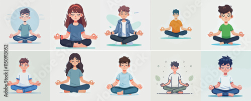 Vector set of a teenager doing meditation or relaxation with a simple flat design style