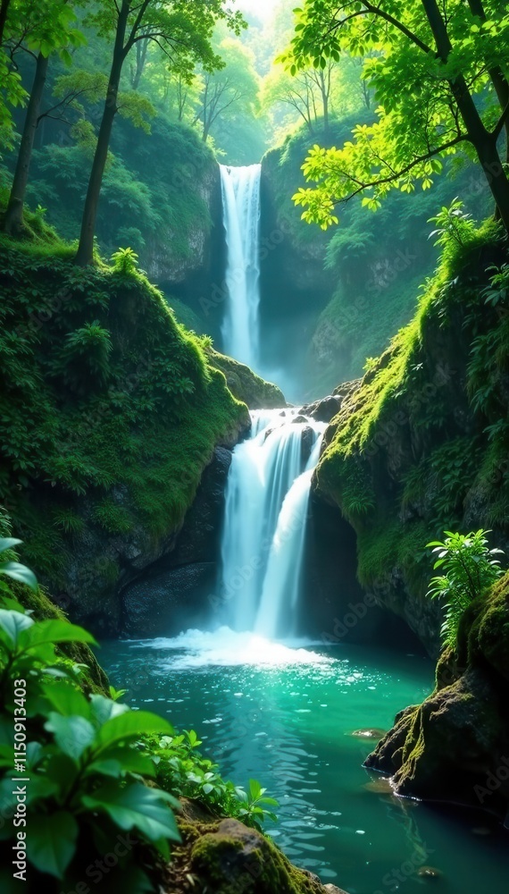 Fototapeta premium Emerald cascade plunges through vibrant green canopy , scene, image, background