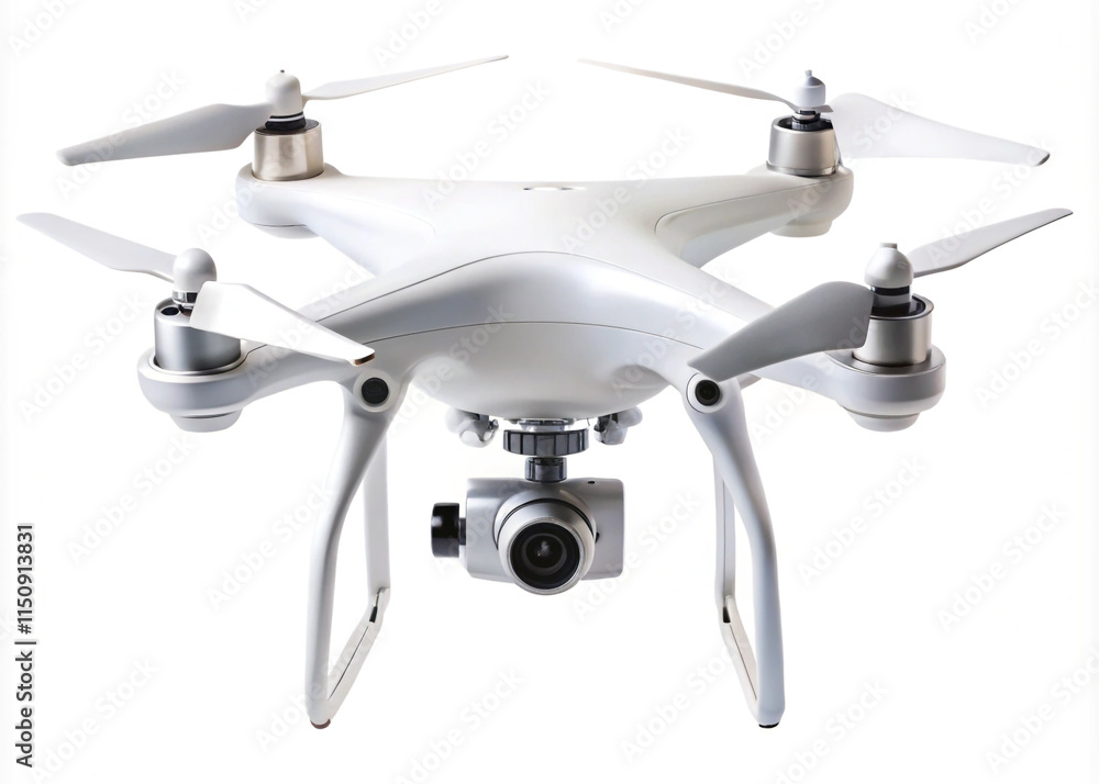 A white drone with four propellers and a camera mounted on the front view. isolated on white background A white drone with four propellers and a camera mounted on the front view. isolated on white background