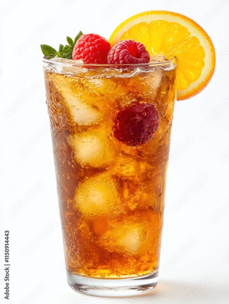 A refreshing drink with ice, raspberries, and an orange slice garnishing the glass. A refreshing drink with ice, raspberries, and an orange slice garnishing the glass.
