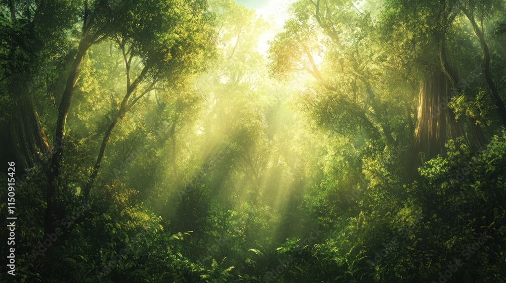 Fototapeta premium Sunlit Rainforest: A Mystical Forest bathed in Golden Light