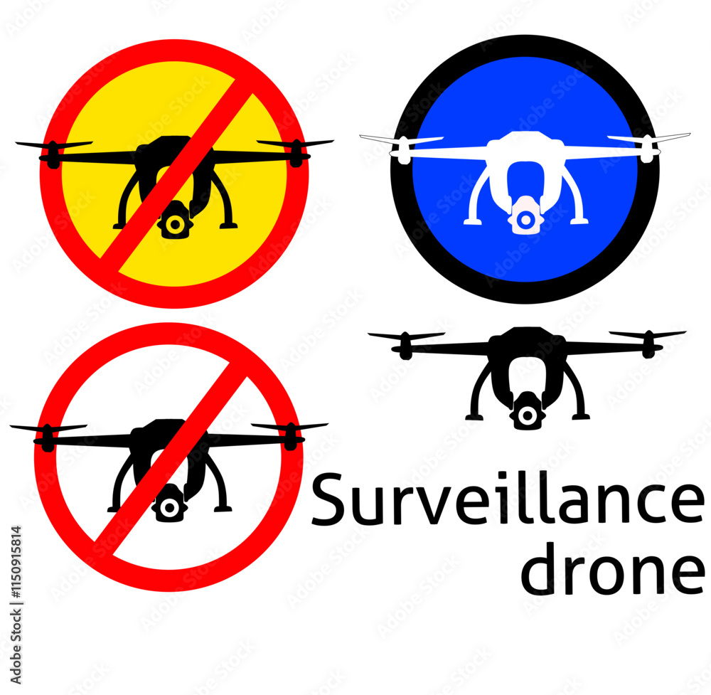 Using Drones is Prohibited. Prohibited sign, warning symbol, road sign and traffic symbol design concept, vector illustration. isolated white background Using Drones is Prohibited. Prohibited sign, warning symbol, road sign and traffic symbol design concept, vector illustration. isolated white background