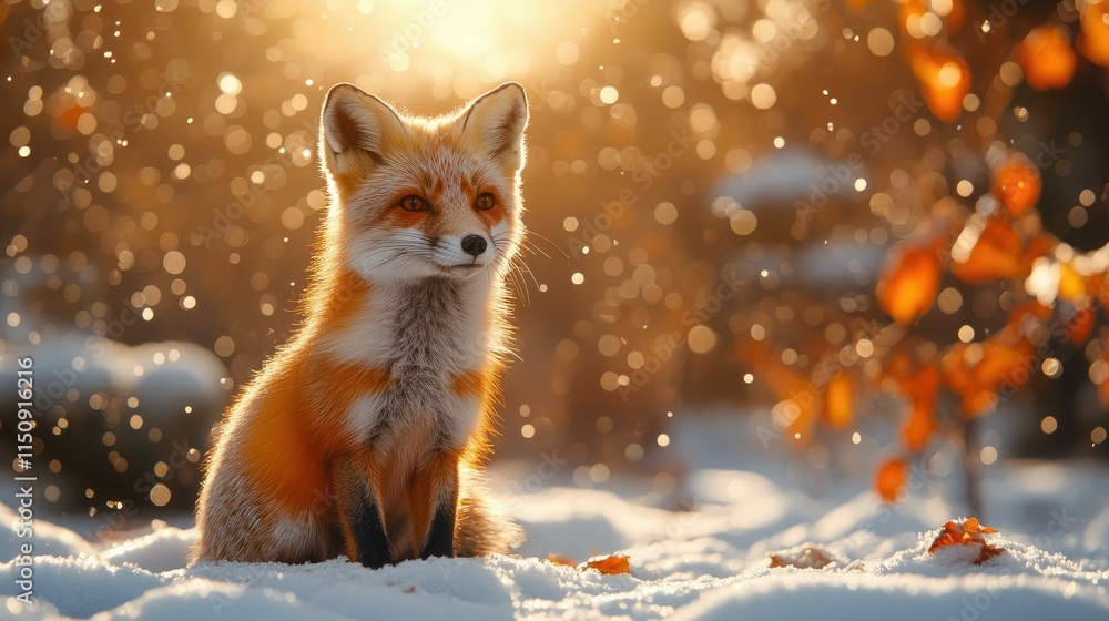 Obraz premium Red fox sitting in snowy winter forest, sunlight.