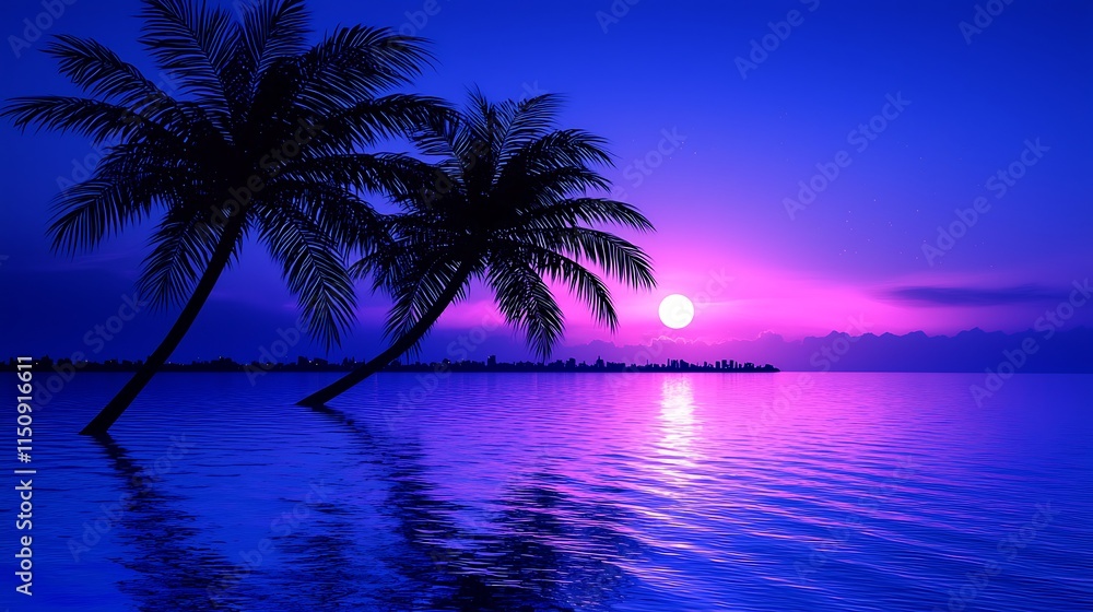 Tropical Sunset Cityscape Palm Trees Ocean Silhouette Tropical Sunset Cityscape Palm Trees Ocean Silhouette