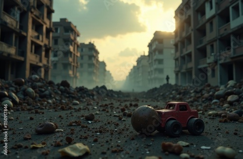 Fototapeta Naklejka Na Ścianę i Meble -  A small red toy truck sits in the middle of a deserted street filled with debris from crumbling buildings. The sun sets in the background, creating a somber yet beautiful atmosphere.