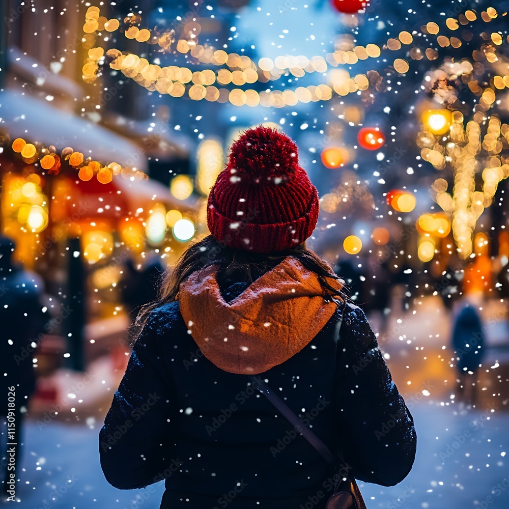 A woman wearing a red hat and a black coat is standing in the snow A woman wearing a red hat and a black coat is standing in the snow
