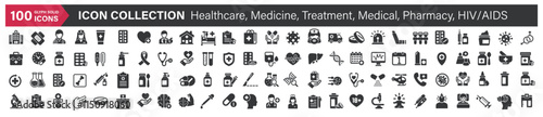 Big icons collection. Containing Healthcare, Medicine, Treatment, Medical, Pharmacy, HIV/AIDS. Glyph solid style series icon