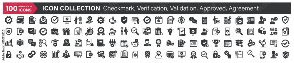 Big icons collection. Containing Checkmark, Verification, Validation, Approved, Agreement. Glyph solid style series icon Big icons collection. Containing Checkmark, Verification, Validation, Approved, Agreement. Glyph solid style series icon