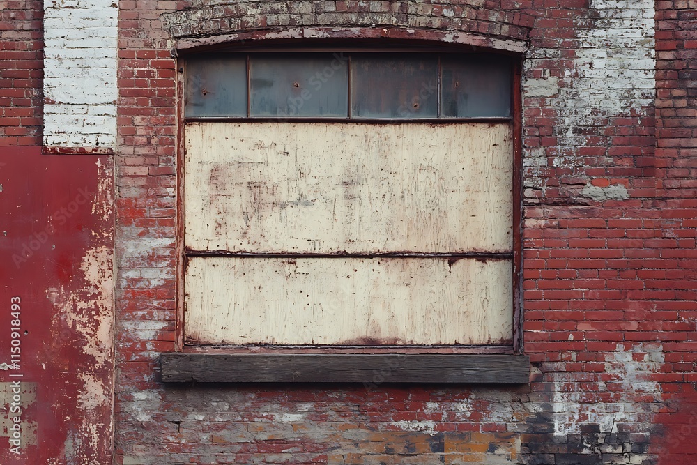 Naklejka premium Boarded Up Window in a Weathered Brick Wall