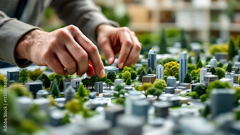 Fototapeta premium An architect fine-tunes a detailed model of a modern, sustainable urban housing development, emphasizing eco-friendly planning.