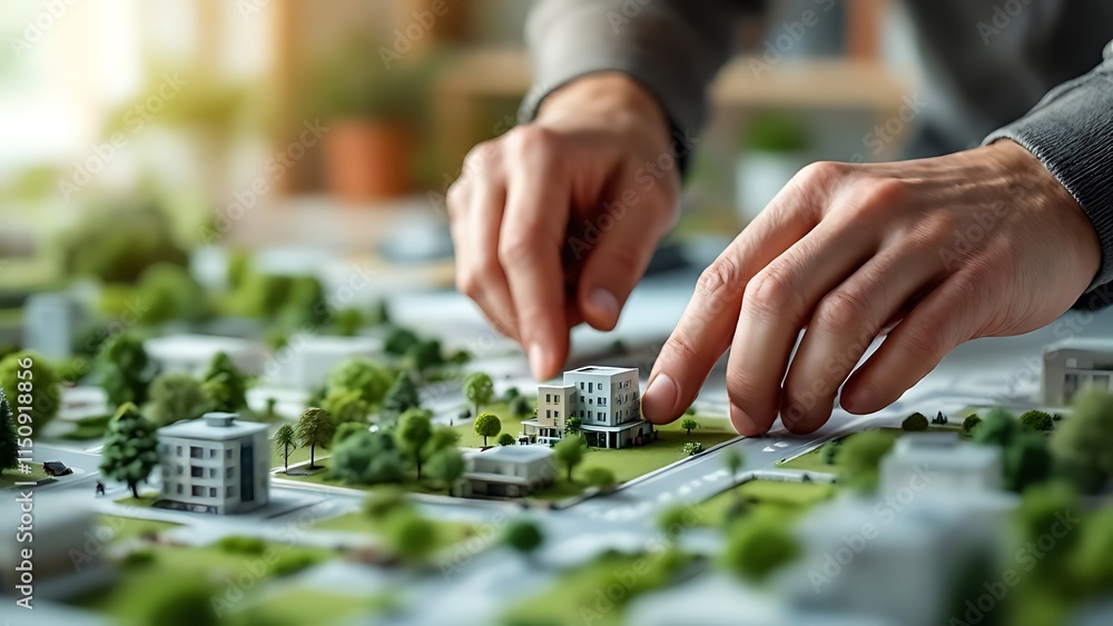 Fototapeta premium An architect fine-tunes a detailed model of a modern, sustainable urban housing development, emphasizing eco-friendly planning.