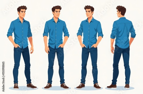 A young man stands confidently in a blue shirt and jeans, showcasing different poses. His hairstyle is modern, and he has a relaxed demeanor, ideal for character design or fashion sketches.