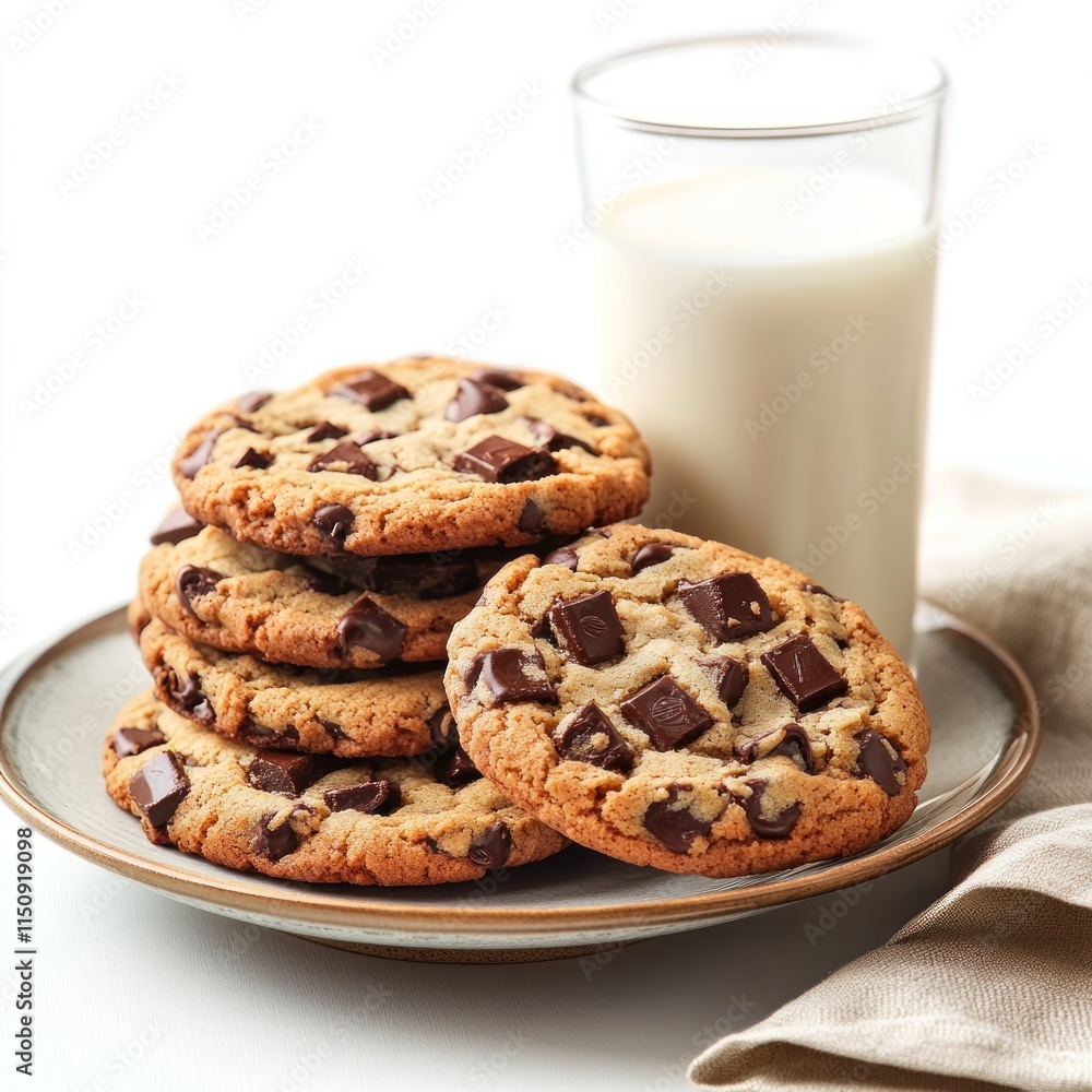 A plate of chocolate chip cookies beside a glass of milk, evoking a cozy snack time. A plate of chocolate chip cookies beside a glass of milk, evoking a cozy snack time.
