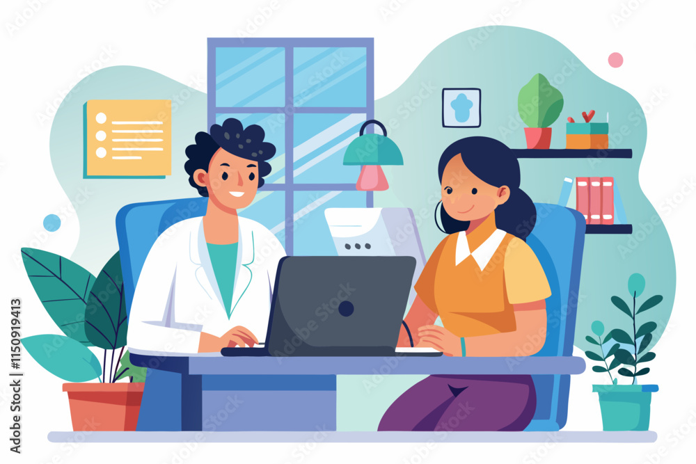 A young doctor and a patient are discussing medical results in an office. The doctor is sitting at a desk, looking at a laptop, while the patient, a woman in her 30s, listens attentively. The office i A young doctor and a patient are discussing medical results in an office. The doctor is sitting at a desk, looking at a laptop, while the patient, a woman in her 30s, listens attentively. The office i