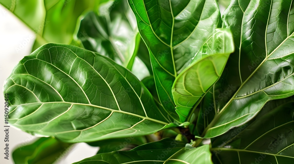 Fototapeta premium A close-up view of large fiddle leaf fig trees with broad green leaves in natural sunlight.