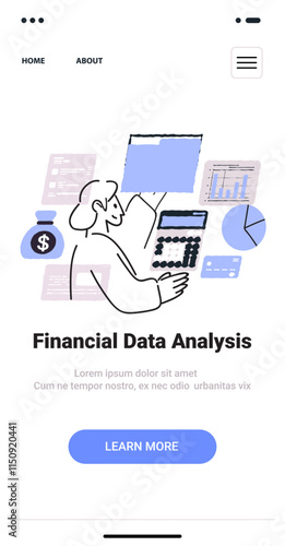 Financial data analysis concept person using calculator charts graphs money bag minimalist thin line design mobile app screen