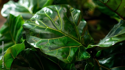 Close-up of large fiddle leaf fig tree leaves illuminated by sunlight in a lush garden. photo