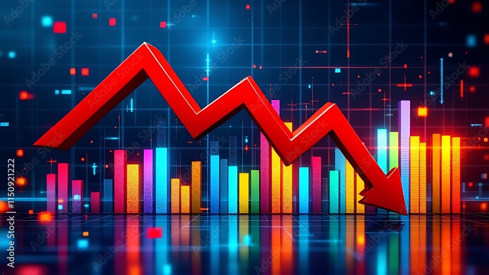A large red arrow points downwards over a gridded financial chart showing a sharp decline in value, with the bars of the chart going from high to low. A large red arrow points downwards over a gridded financial chart showing a sharp decline in value, with the bars of the chart going from high to low.