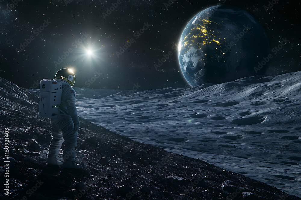 Fototapeta premium Astronaut on the Moon Gazing at Earth