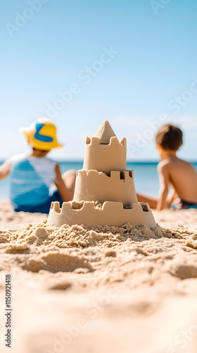 Building sandcastles on sunny beach with children enjoying day