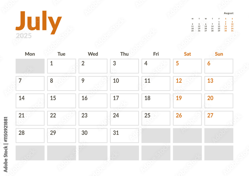 Monthly page Calendar Planner Template of July 2025 with a small preview on next moth. Vector layout of calendar with week start Monday for Scheduling. Page for size A4 or 21x29.7 cm Monthly page Calendar Planner Template of July 2025 with a small preview on next moth. Vector layout of calendar with week start Monday for Scheduling. Page for size A4 or 21x29.7 cm